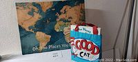 Photo showing the book 'Oh, The Places You'll Go!' with a world map cover and the Good Cat/Bad Cat bag.