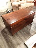 Rectangular wood trunk showing overall shape, finish, and side metal handle