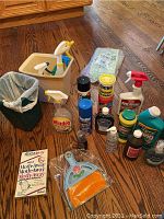 Cleaning products, small waste cans, and cleaning tools arranged on hardwood floor
