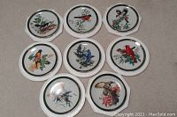 Top view showing 8 bird collector plates featuring colorful illustrations of songbirds, each plate distinct in design and shape.