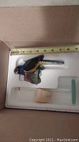 Green and blue grosbeak bird figurine in foam packaging with measuring tape showing approx. 6 inches
