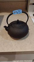 Front view of the Japanese cast iron teapot showing hobnail texture, curved handle, short spout, and lid with finial.