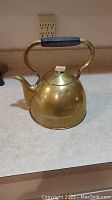 Full view of the large brass tea pot with wooden handle on a countertop, showing the rounded shape, spout, and lid.