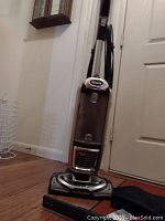 Upright Shark vacuum cleaner standing on wooden floor near wall and door. Vacuum has a transparent dust cup and motorized brush head with silver and brown accents.