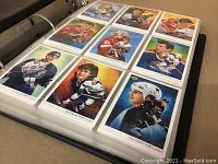 Close-up of hockey cards featuring portraits and action shots of players in protective sleeves within the album.