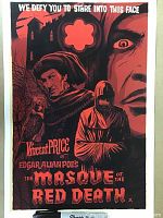 Full view of the red and black retro horror poster featuring Vincent Price and the movie title.
