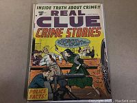 Front cover of 1952 comic book 'Real Clue Crime Stories' showing courtroom scene and title graphics
