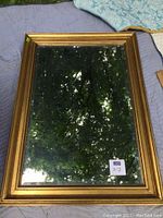 Large rectangular mirror with a gold layered frame, dimensions approximately 42x31 inches, displayed lying flat showing reflection of outdoor trees.