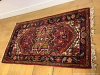 Full view of the oriental style area rug on a wood floor showing central medallion design and color balance.