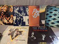 Photo showing 5 vinyl record covers including The Rolling Stones tiger cover, The Police, Whitesnake, Pure Blue, and another illustrated cover.