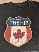 Frontside view of black t-shirt featuring shield design with a red maple leaf and text 'Since 1984 THE HIP'.