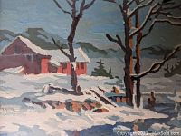 Close-up image showing the painted winter landscape featuring snow, bare trees, and red barn, painted in paint by numbers style.