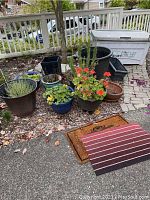 Wide view of the lot showing multiple planters with various plants, two doormats in front, and flower bed area.