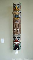 Front view of full totem pole mounted on wall
