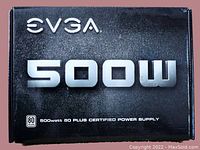 Front view of EVGA 500W 80 Plus White Certified Power Supply box with branding and wattage.