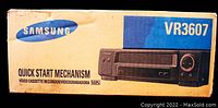 Front side of the original Samsung VR3607 VHS Video Cassette Recorder box showing model and quick start mechanism feature.