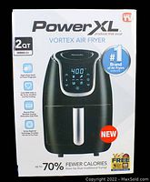 Front box image of PowerXL Vortex Air Fryer showing black air fryer with digital control panel, 2QT basket, and branding details.