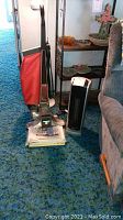Photo of Kirby upright vacuum cleaner with red cloth bag and Lasko tower heater placed side by side on carpet
