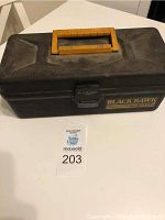 Closed view of Black Hawk 1035E tackle box with yellow handle, front and top noted.