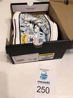 Light blue high top Converse shoes with printed design in black Converse box