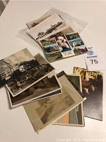 Photo showing a stack of vintage postcards with sepia and black and white tones, depicting buildings, animals, and natural scenes.