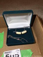 Chain necklace with ivory-colored curved pendant in open green velvet-lined box.