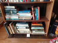 Bookshelf with assorted books in maritime, astronomy, art, literature, and astrology visible on shelves.
