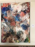 Full front view of large abstract canvas showing multicolor brushwork