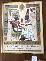Framed print showing full artwork with two seated Egyptian figures and hieroglyphic elements beneath the title text referencing San Francisco 1979.