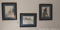 Three framed hand-colored prints by Donald A. Mosher displayed on wall.
