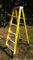 Full view of the 6ft yellow Werner step ladder standing in outdoor grassy area.