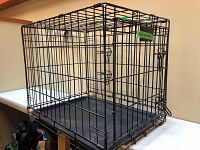 Black metal wire dog crate with two doors and a plastic bottom tray, placed on a table.