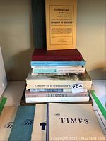 Stack of local history and reference books about Kingston, including a yellow booklet labeled 'Voters' List 1866 Township of Kingston' on top, several hardcovers and paperbacks beneath