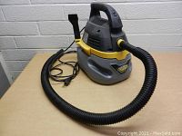 Stinger wet/dry vacuum cleaner with hose and power cord on a table, angled to show the vacuum and hose coiled.