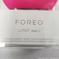 Close up on the FOREO LUNA mini 2 box showing the model and T-Sonic facial cleansing device mention.