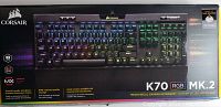 Box of Corsair K70 RGB MK.2 mechanical gaming keyboard showing branding, model, and features