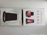 Front and back views of the Onecut wireless charging stand retail packaging showing product image and charging compatibility information.