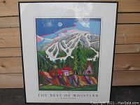 Front view of framed colorful art print 'The Best of Whistler' by Michael Tickner showing landscape of mountain, trees, houses.