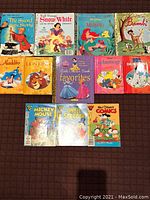 Top view of all Disney hardcover and paperback books arranged in rows showing front covers with colorful illustrated Disney characters.