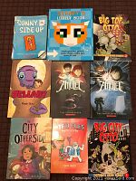 Photo of 9 graphic novels laid out flat showing front covers: Sunny Side Up, Stampy's Lovely Book, Big Top Otto, Jellaby, Amulet #1 & #2, The City of the Other Side, The Yeti Files, and Big City Otto.