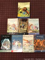 Front view of all 10 paperback books arranged on a maroon fabric surface. The seven C.S. Lewis Chronicles of Narnia titles and three fantasy titles, showing color illustrated covers.