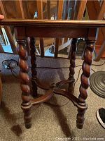 Side table barley twist legs and cross supports, dark wood finish
