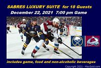 Promotional graphic showing Sabres vs Avalanche game details and team logos