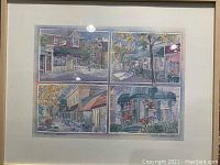 Overall front view of framed signed watercolor art print showing four scenes of Park and Berkeley area in Rochester, NY with sidewalk cafes and street details.