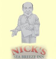 Graphic sketch of a man holding a menu with Nick's Sea Breeze Inn logo and text.
