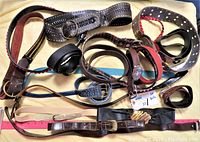 Twenty mixed-material belts displayed, showing different widths, colors, and buckle designs.