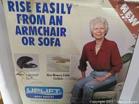 Box front showing product name, usage instructions, and image of a woman using the seat assist.