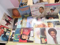 Top view of all 20 vintage LP vinyl records showing album covers spread out on floor including various artists and styles.
