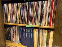Full shelf view of assorted vinyl LP records showing top and bottom shelves with various album spines