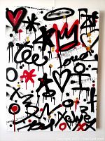 Frontal view of entire canvas showing street art style composition of graffiti motifs in black, red, and gold on white background.